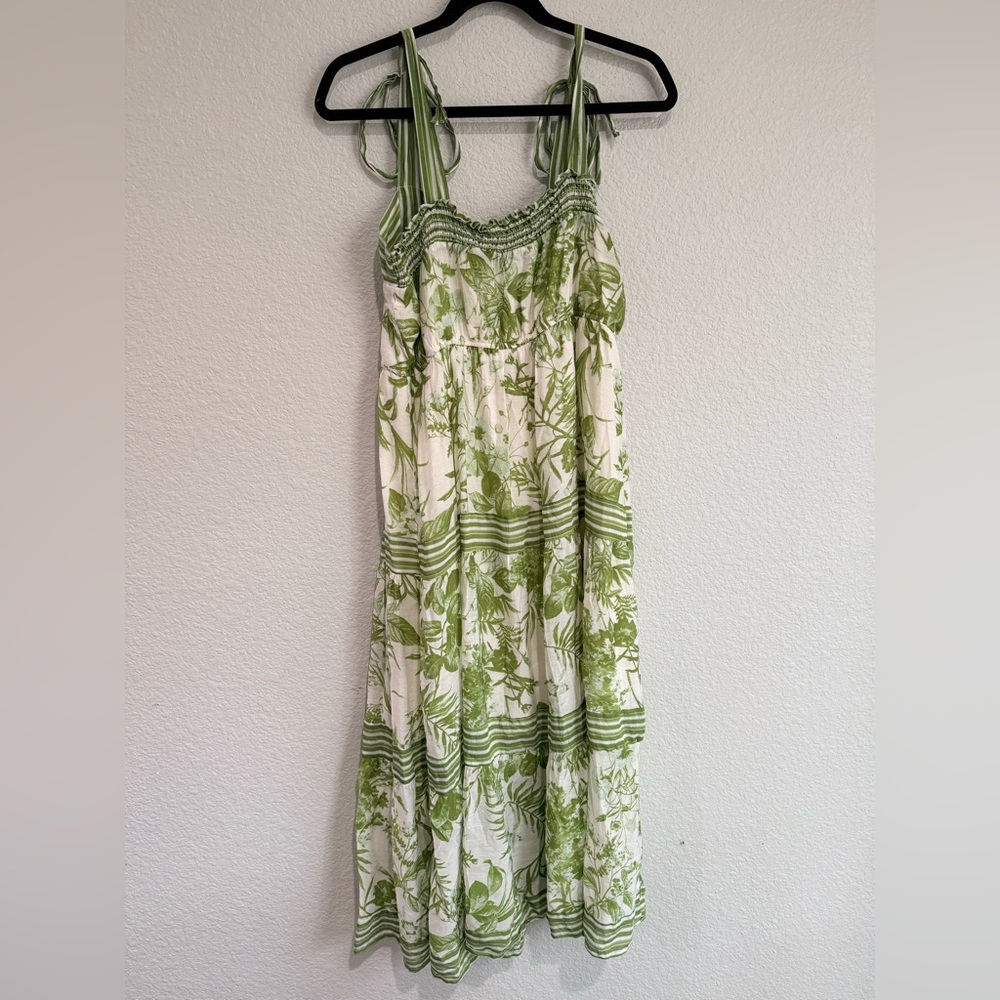 Sweet Wanderer Green white Boho Floral Print Tiered Maxi Dress Bow Strap XL - Picture 6 of 8